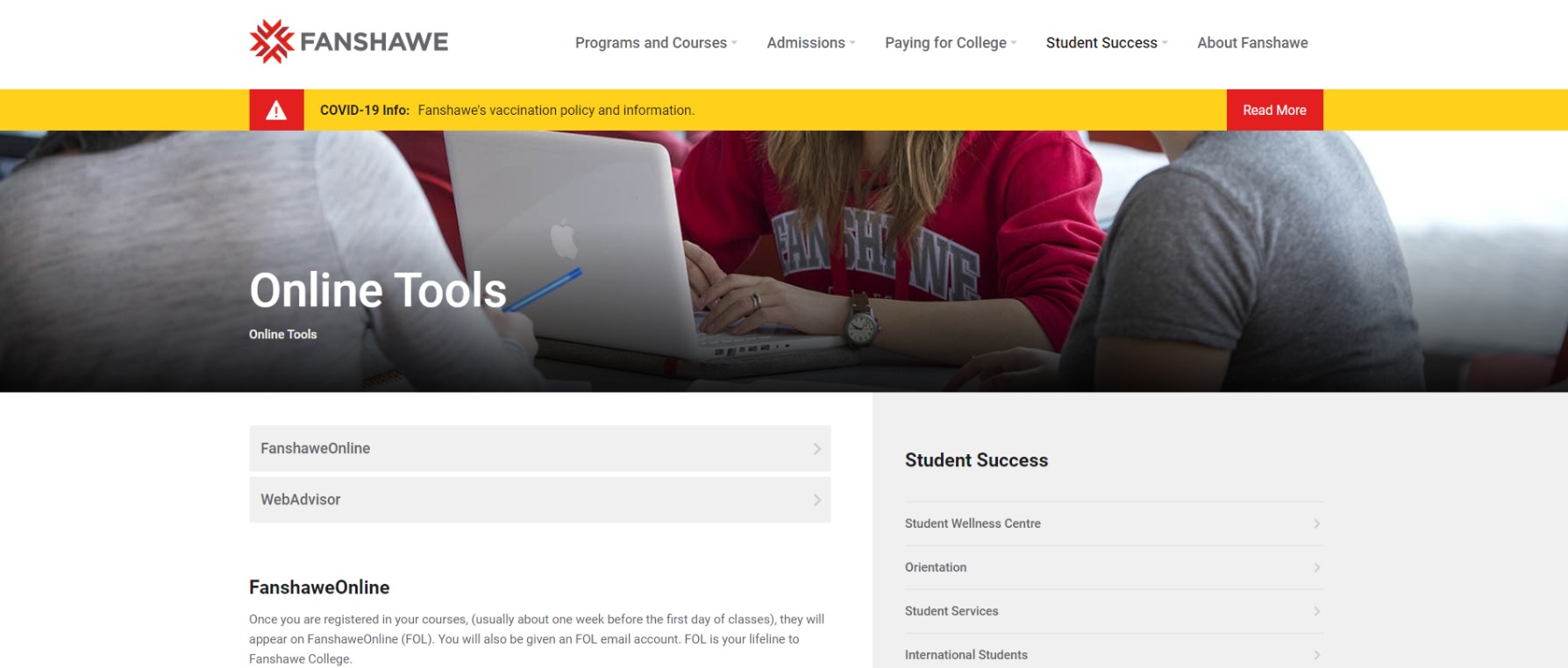 Screenshot of webpage of Online Tools  Fanshawe College