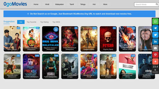 Main page of 0gomovies website showing posters of sixteen movies along with their names