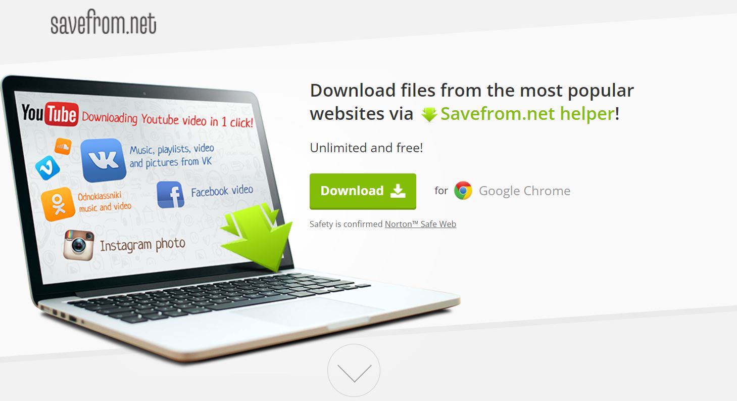 Savefrom.net homepage shows a laptop with social media platforms on its screen, and a green download button