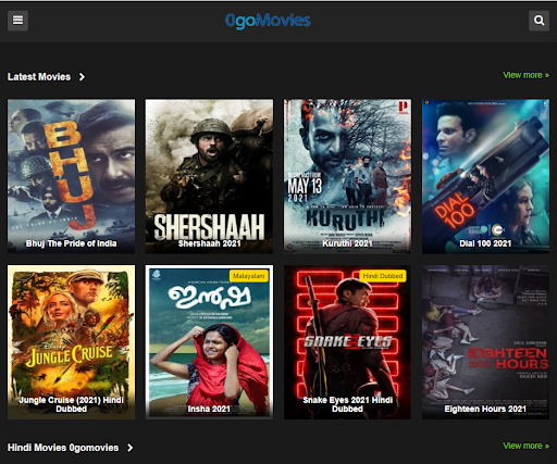 0gomovies website showing bollywood category with eight bollywood film posters along with their names