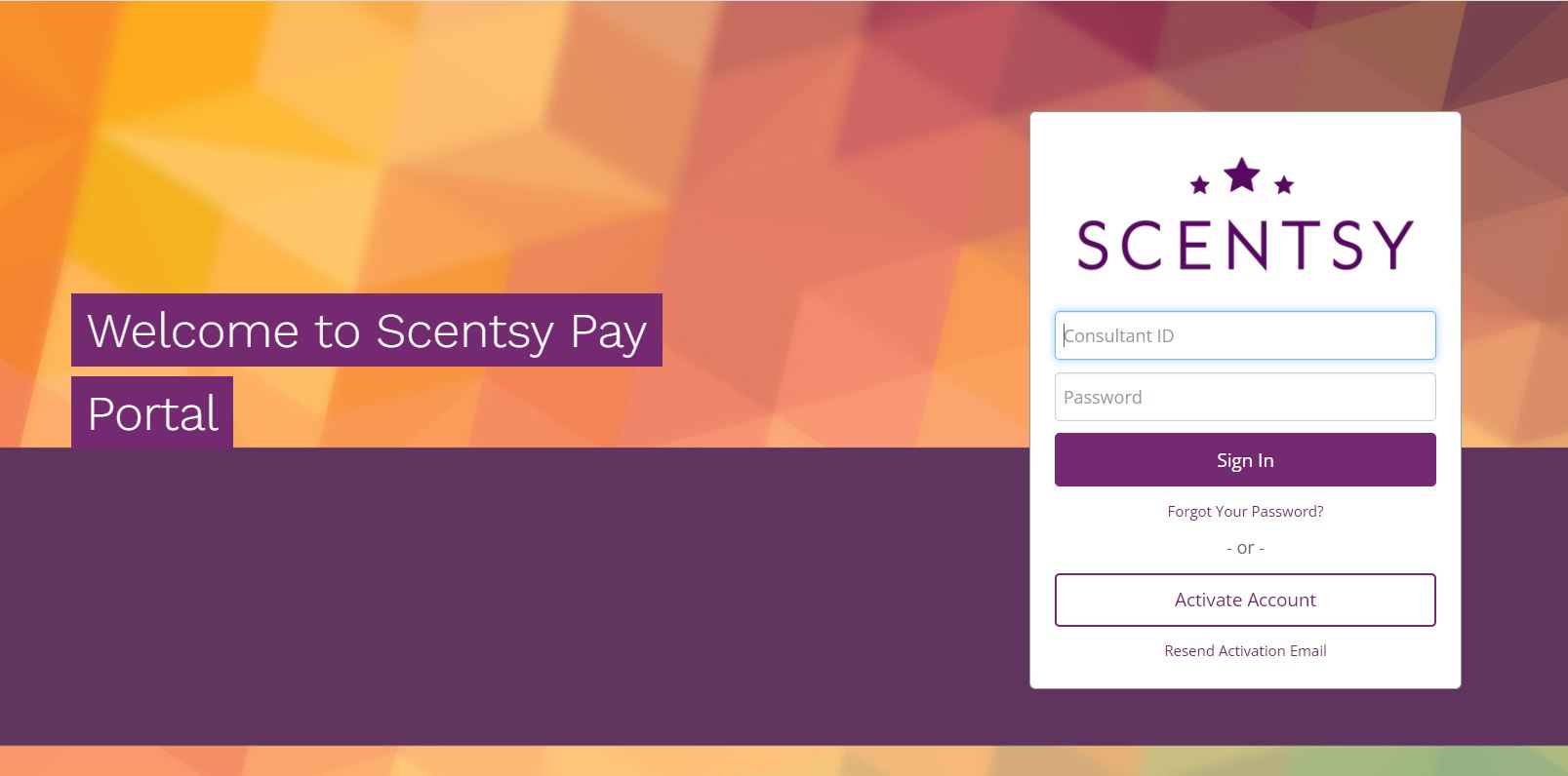 Screenshot of the Scentsy Pay Portal website shows the sign in page