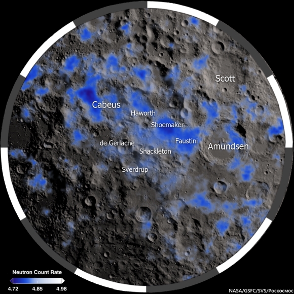 Moon surface with ice deposits located and mentioned with names