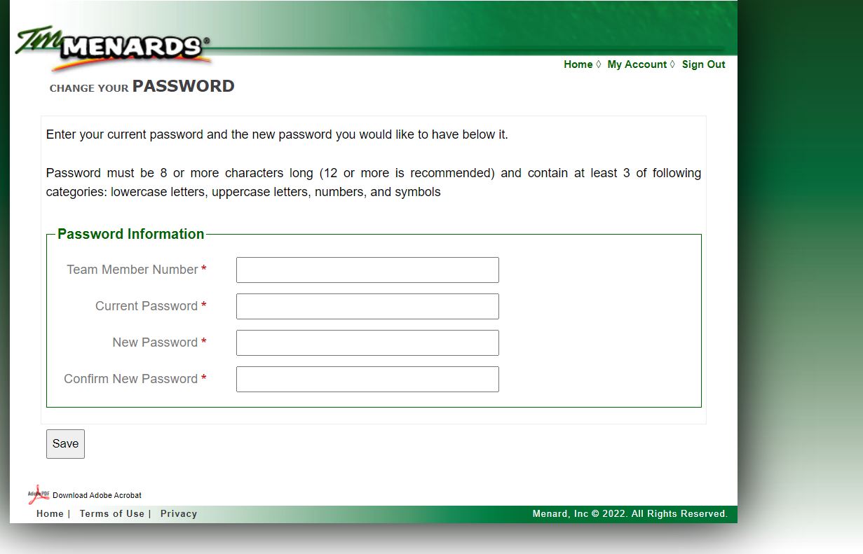 Password interface of tm menards full site
