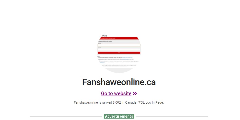 Screenshot of Www.Fanshaweonline.Ca – FOL Log In Page