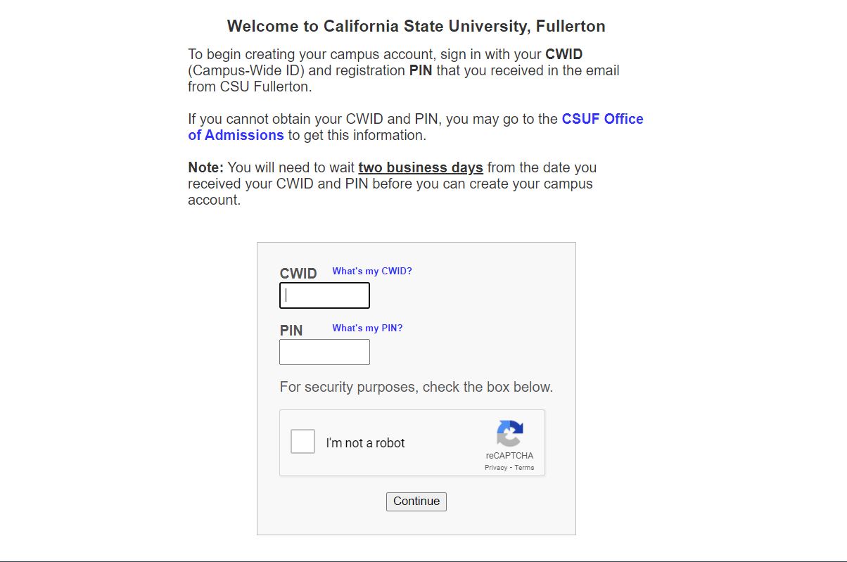 Csuf student portal interface with CWID and PIN fields
