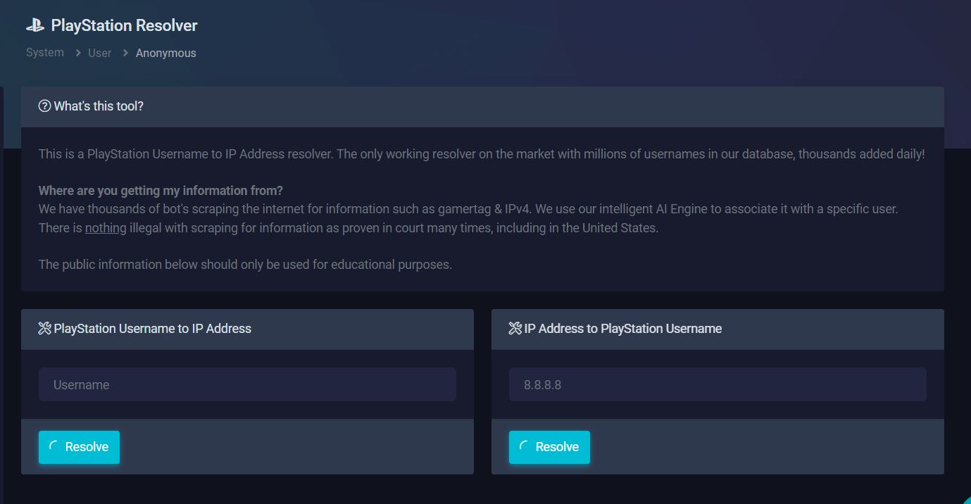 Screenshot of the PlayStation Resolver website