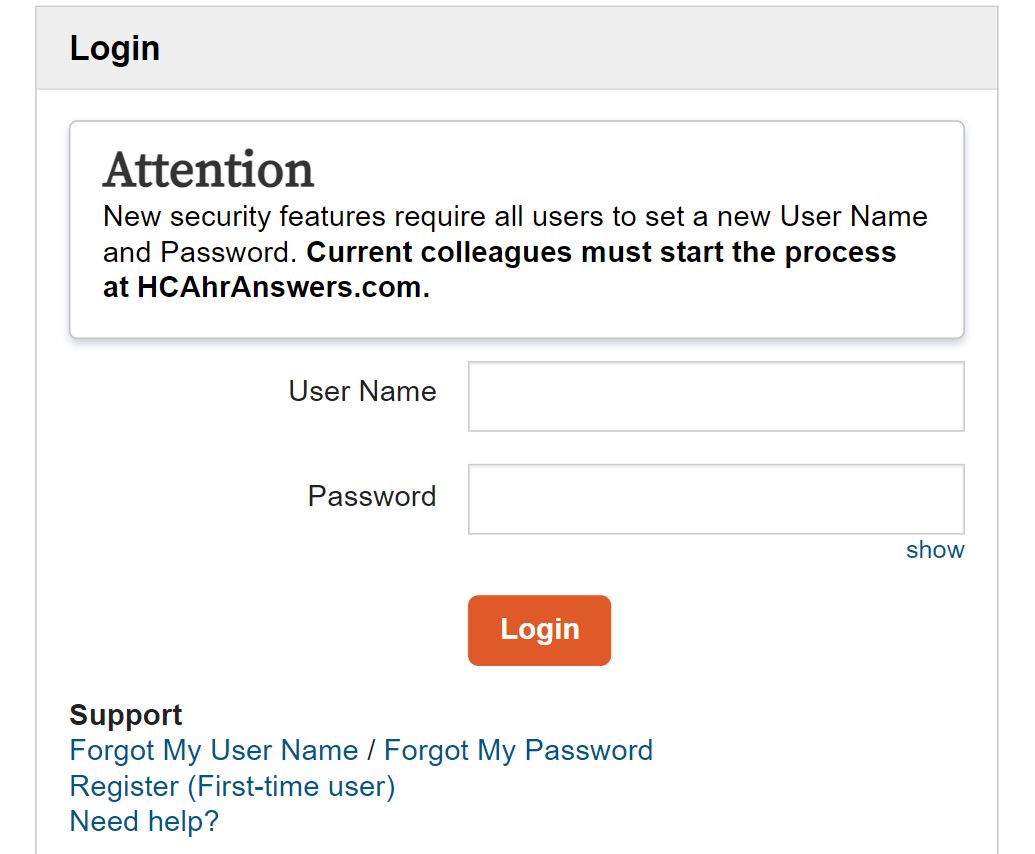 Screenshot of the Interface of hcahranswers.com first time user login