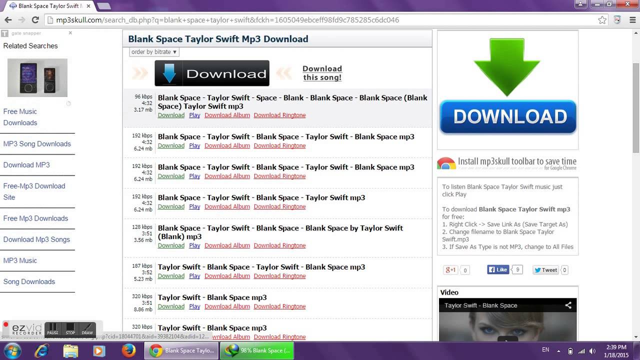 Mp3skull website page showing options to download taylor swift song blank space in mp3