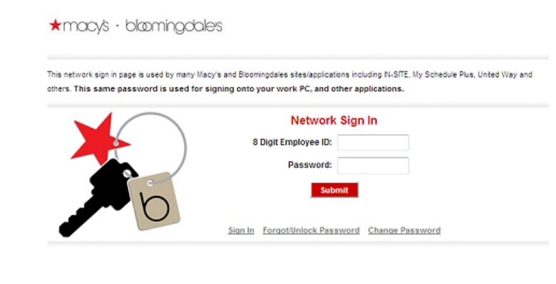 MACY'S logo and test key with a red star key keychain also show Network Sign In text or 8 Digit Employee ID and Password and submit button in red.