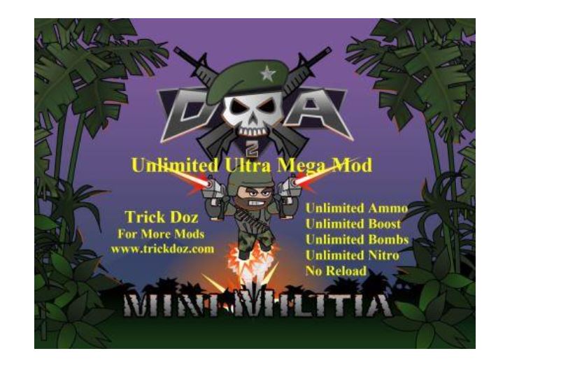 Mini Militia Ultra Mod with a little cartoon man holding two laser guns and a skull with two swords