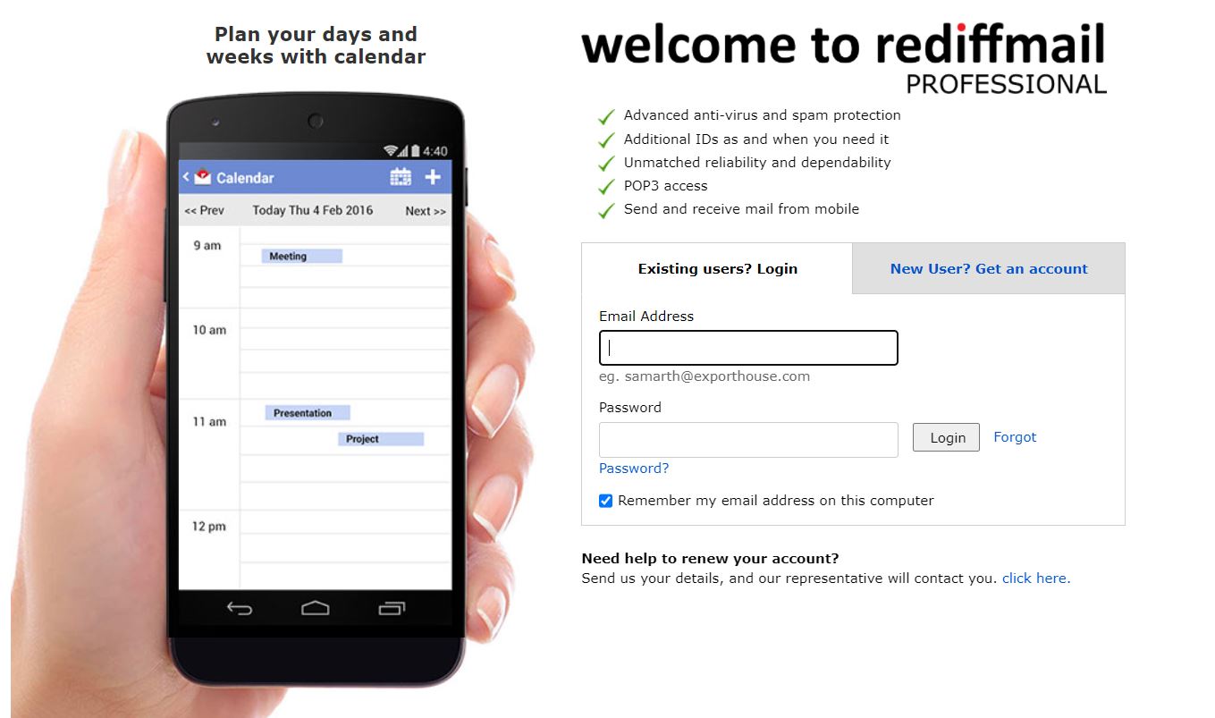 Screenshot of the Rediffmail Login Account interface with phone on the left side