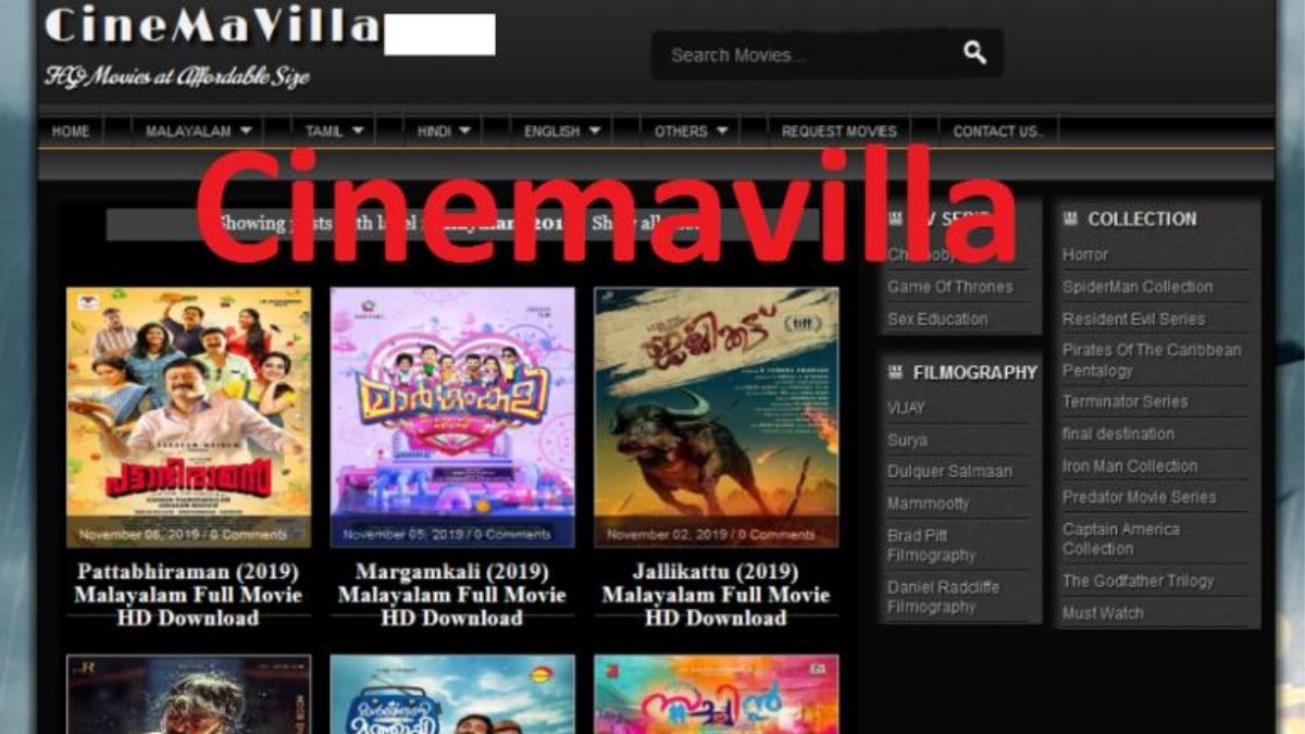 Cinemavilla webpage and search browser with movie covers on the left side and words Cinemavilla