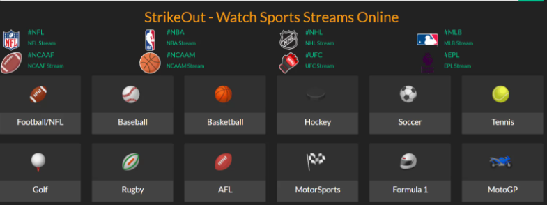 Strikeout webpage showing different kinds of sports