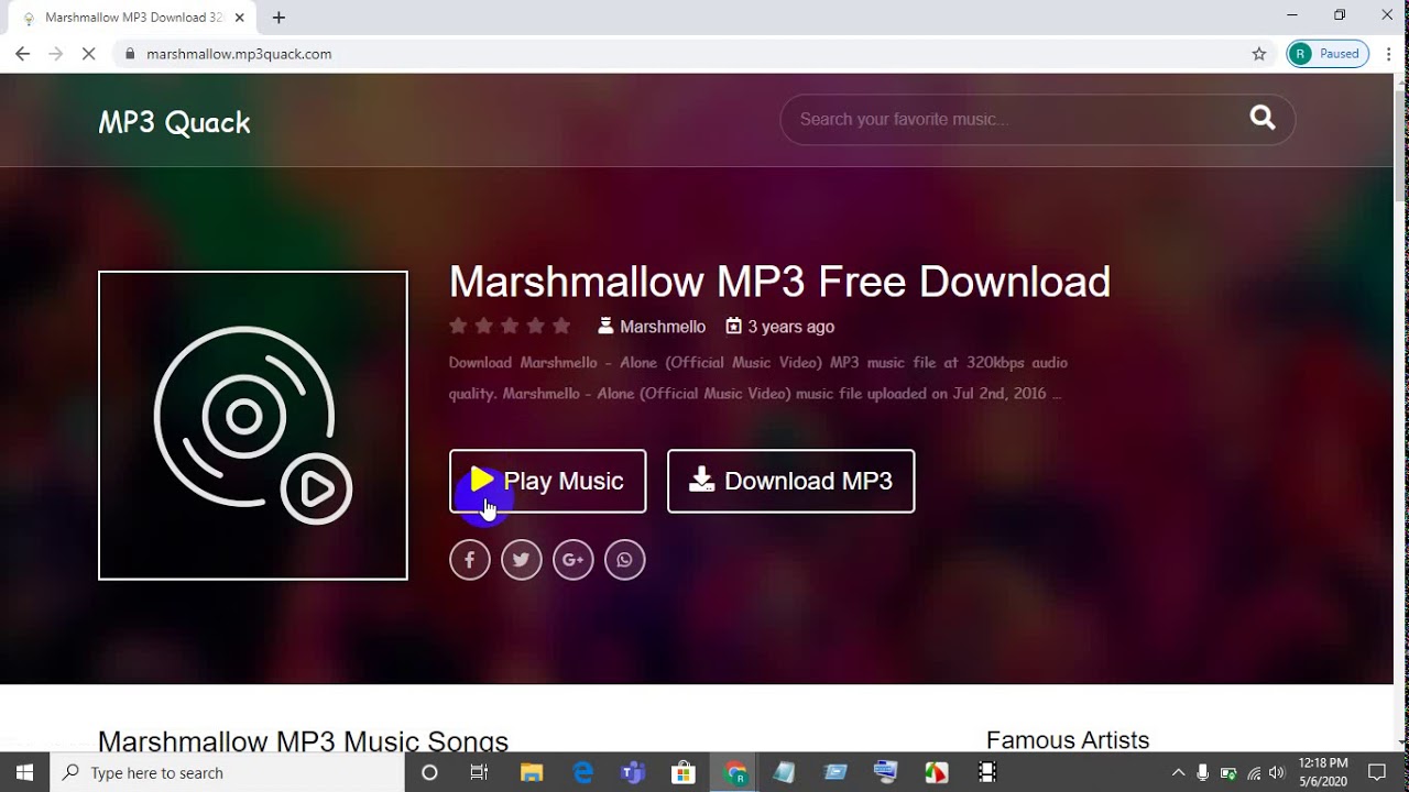 Mp3 quack website showing cd at the left and music download option at the right