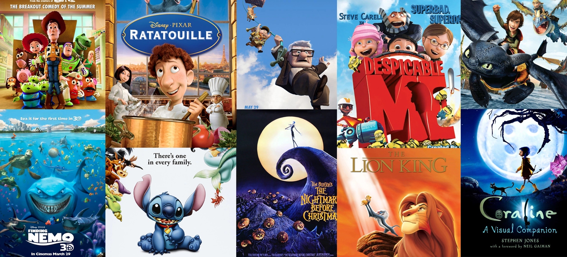 Different posters of animated movies in a collage