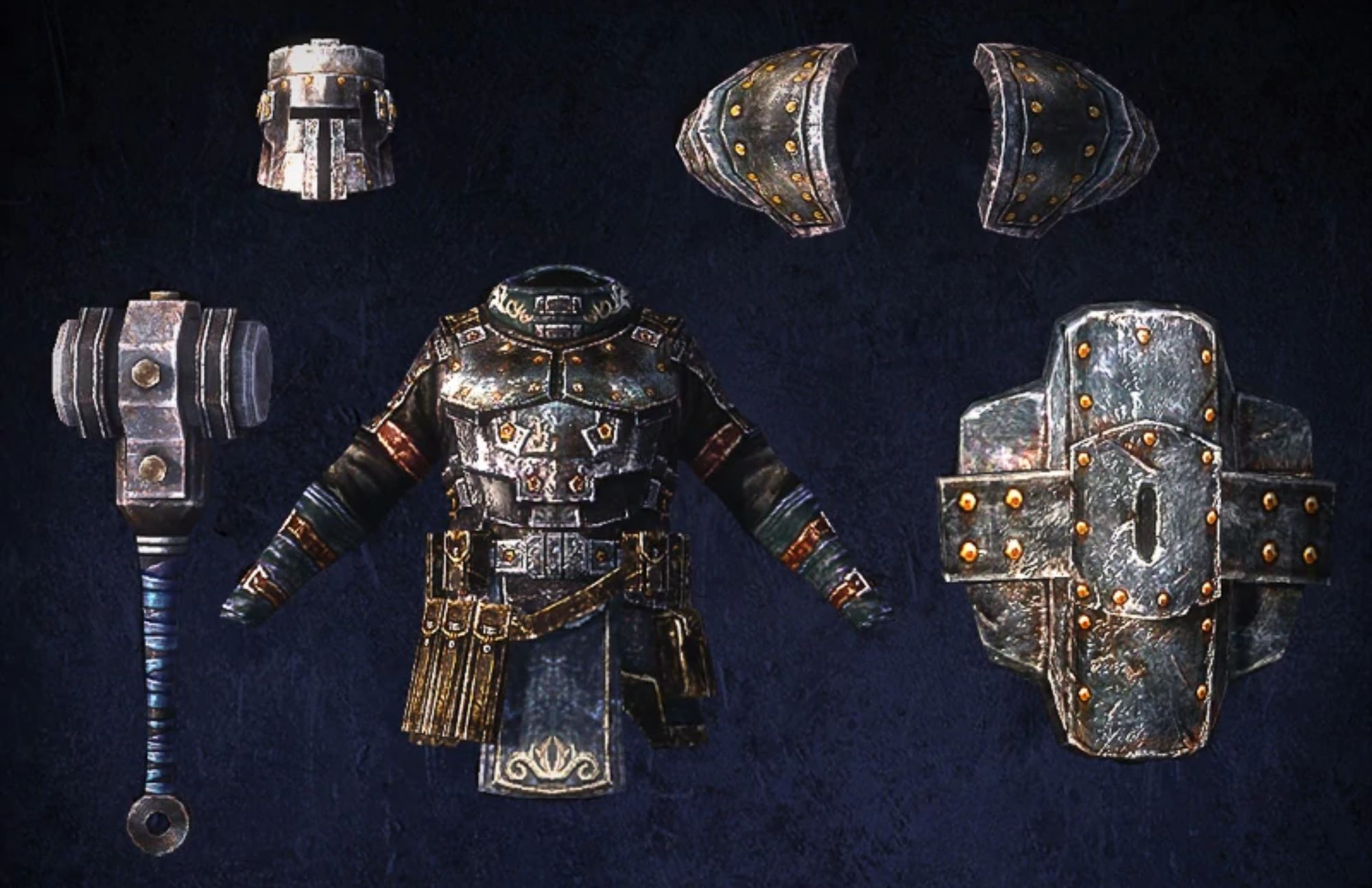 The axe, head armor, shoulder armor, and chest armor are all parts of a legendary set of armor in the picture