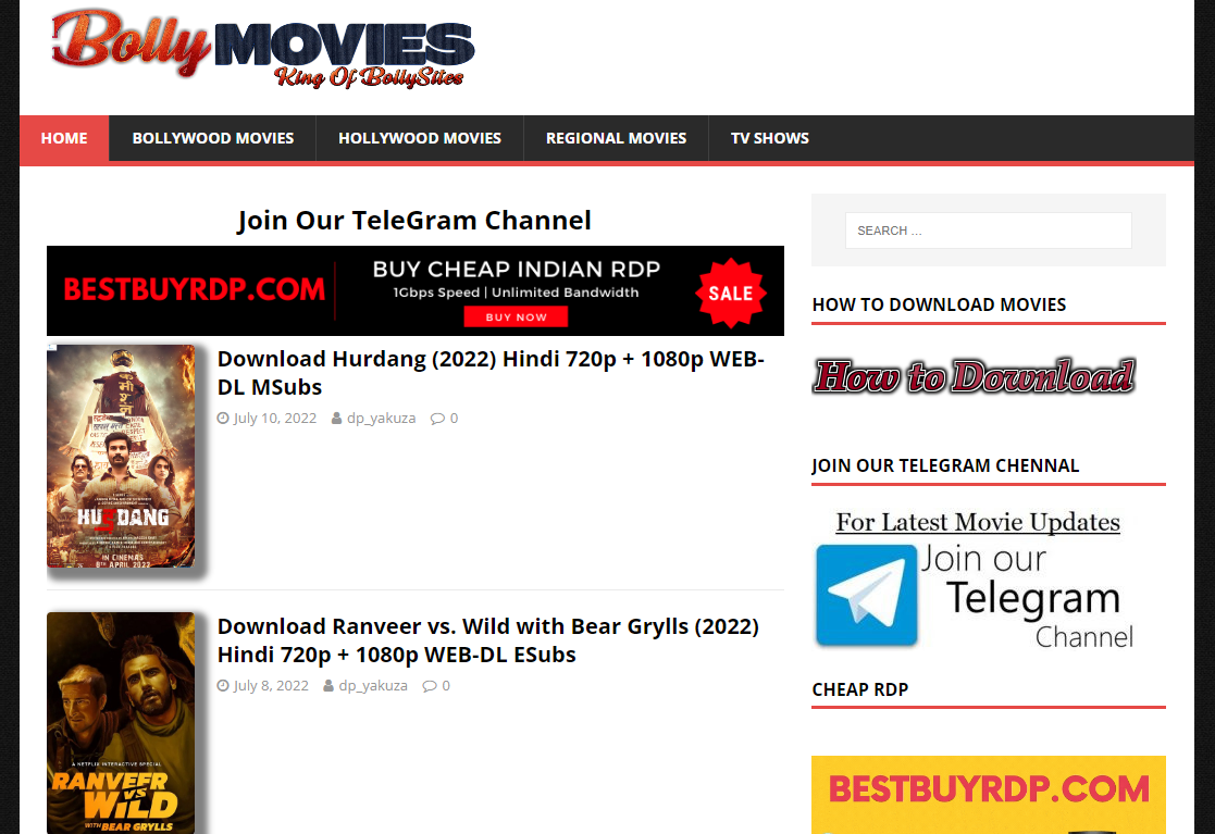 Homepage of BollyMovies featuring Bollywood movie ‘Hurdang’ and ‘Ranveer vs Wild with Bear Grylls’