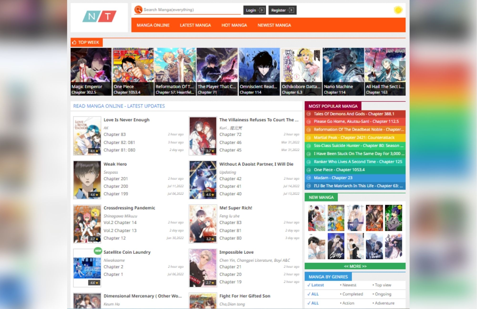 Manganato's homepage features the most recent manga updates, as well as the most popular manga on the right sidebar.