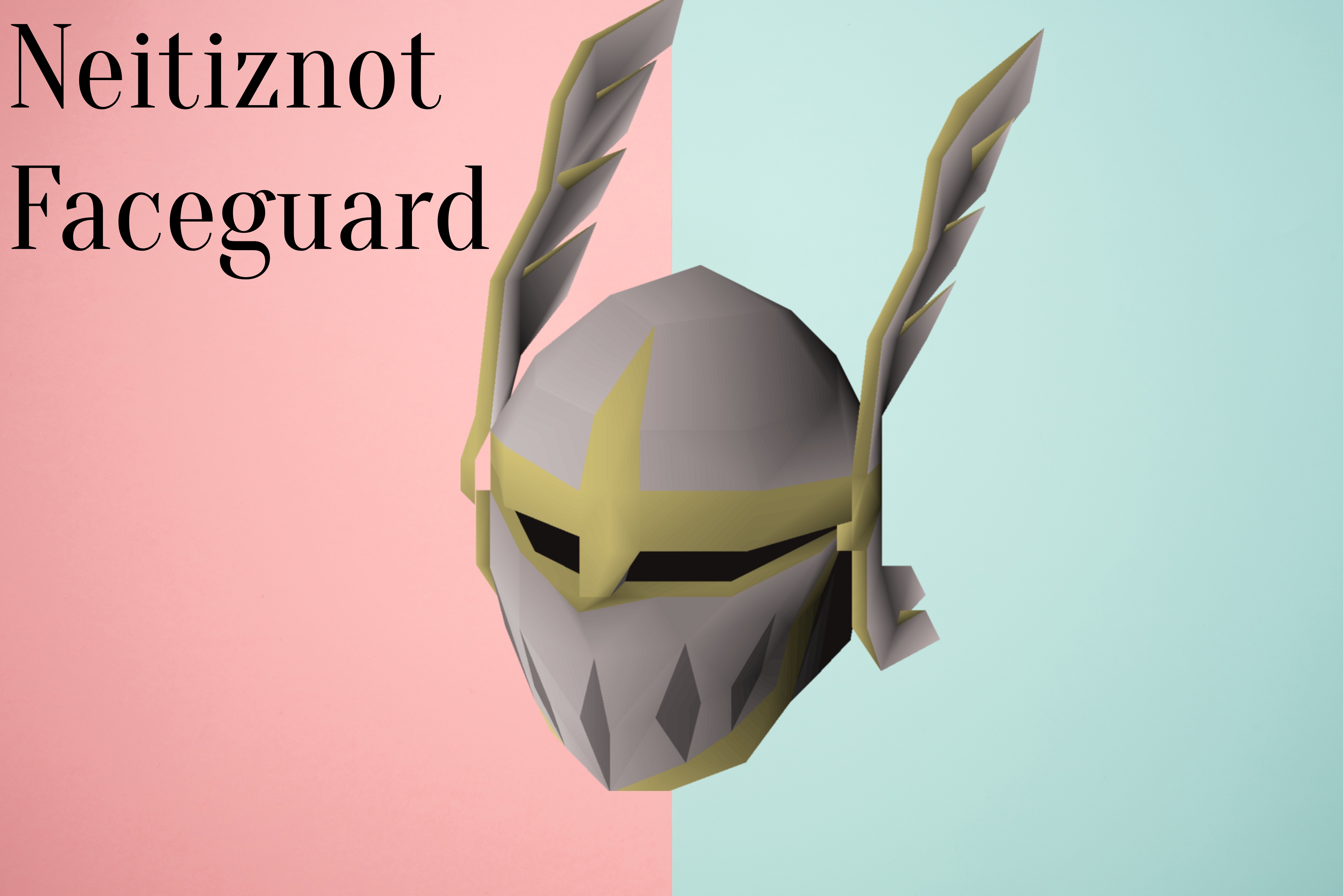 Neitiznot faceguard on a pink and blue background