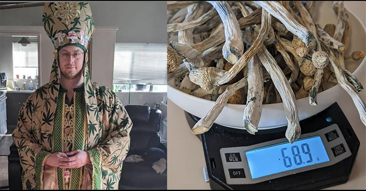 Dave Hodges wearing a cannabis-printed cloak; dried mushrooms in a weighing machine