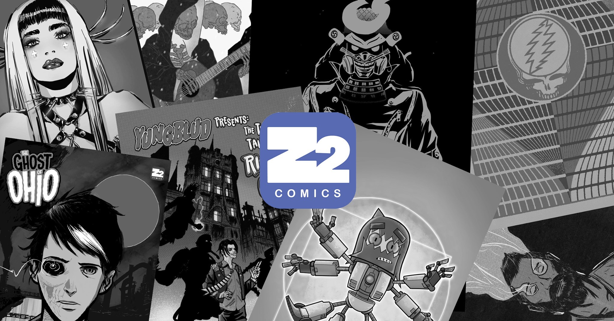 Z2 Comics logo on the background of comic book posters