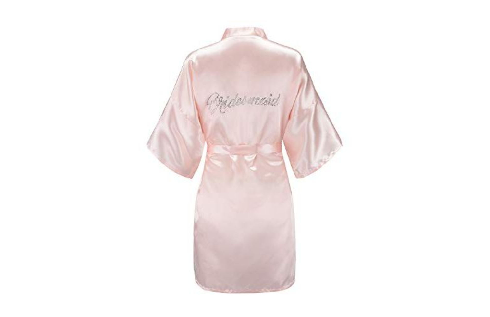 The word "bridesmaid" is written on the back of a pink bridesmaid robe