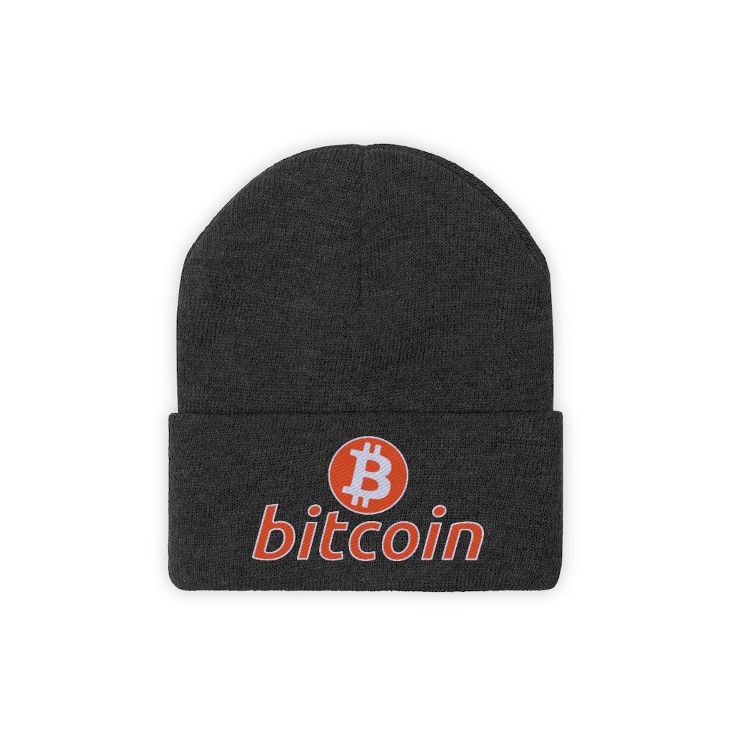 A black Beanie with Bitcoin print on front