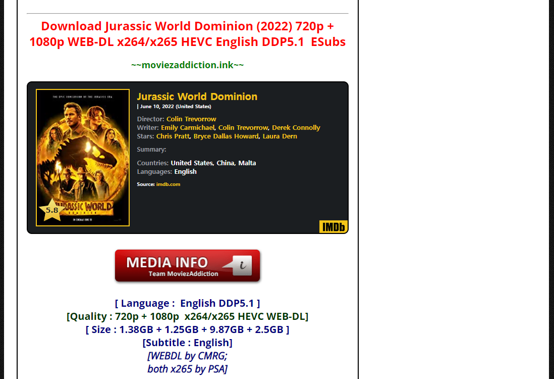 Download page for ‘Jurassic World Dominion’ (2022) at MoviezAddiction