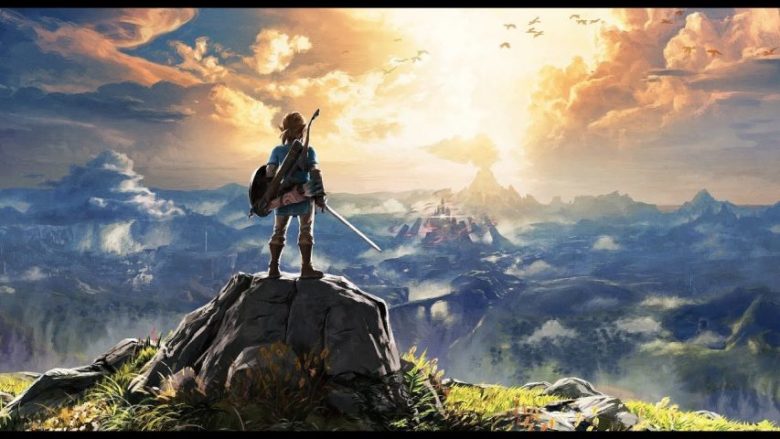 Main wallpaper of Legend of Zelda series game in which a boy is standing on a rock