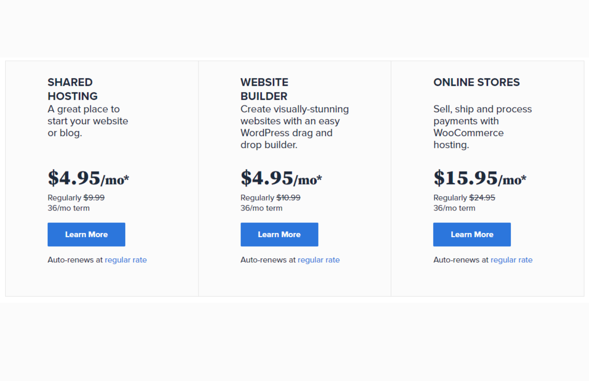 Three different choices of bluehost prices