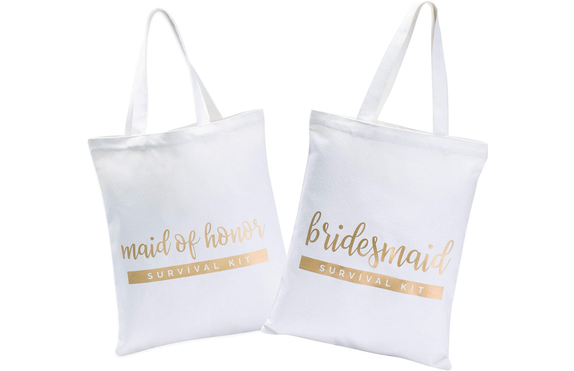 Two white tote bags with printed words
