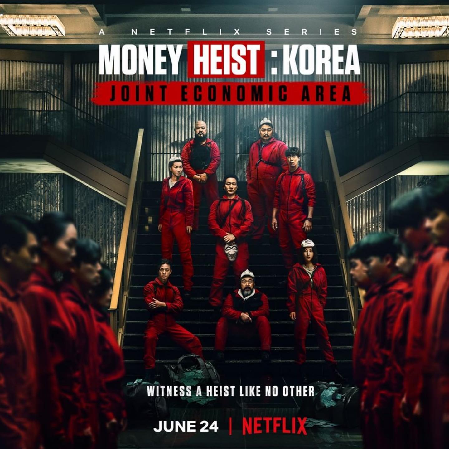 Netflix poster for ‘Money Heist: Korea – Joint Economic Area’ showing the main cast