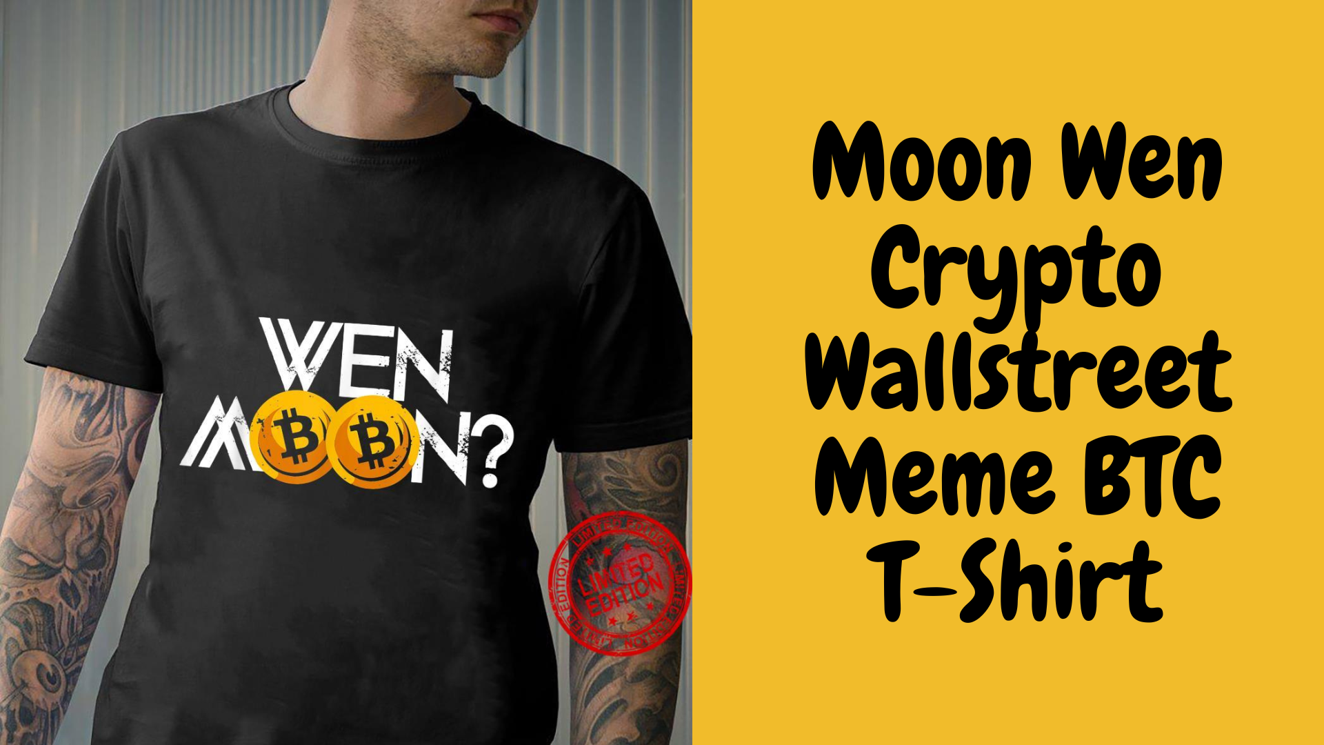 A man wearing a black shirt with words wen moon and bitcoins