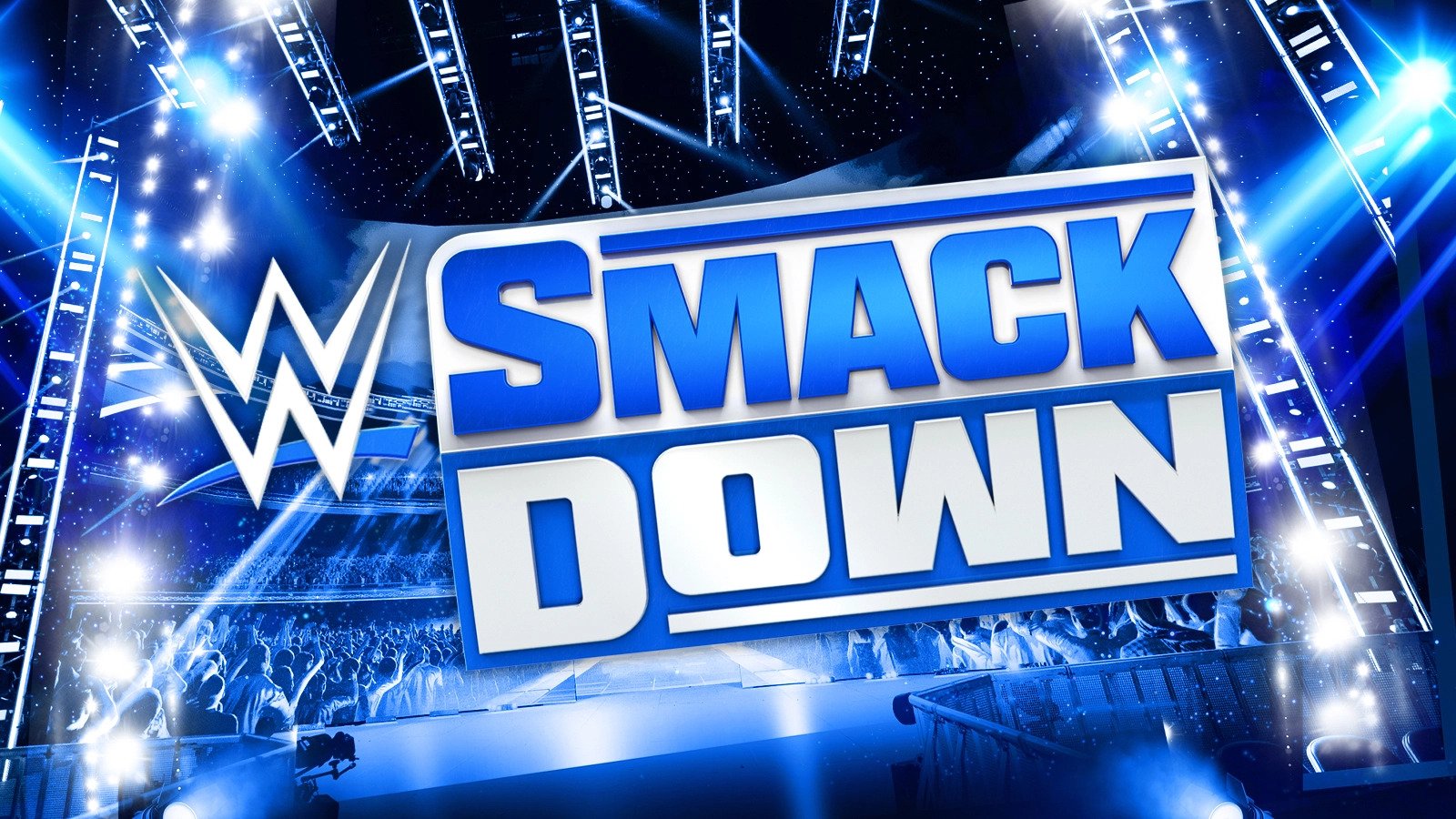 Blue and white Smack Down logo on a blue background