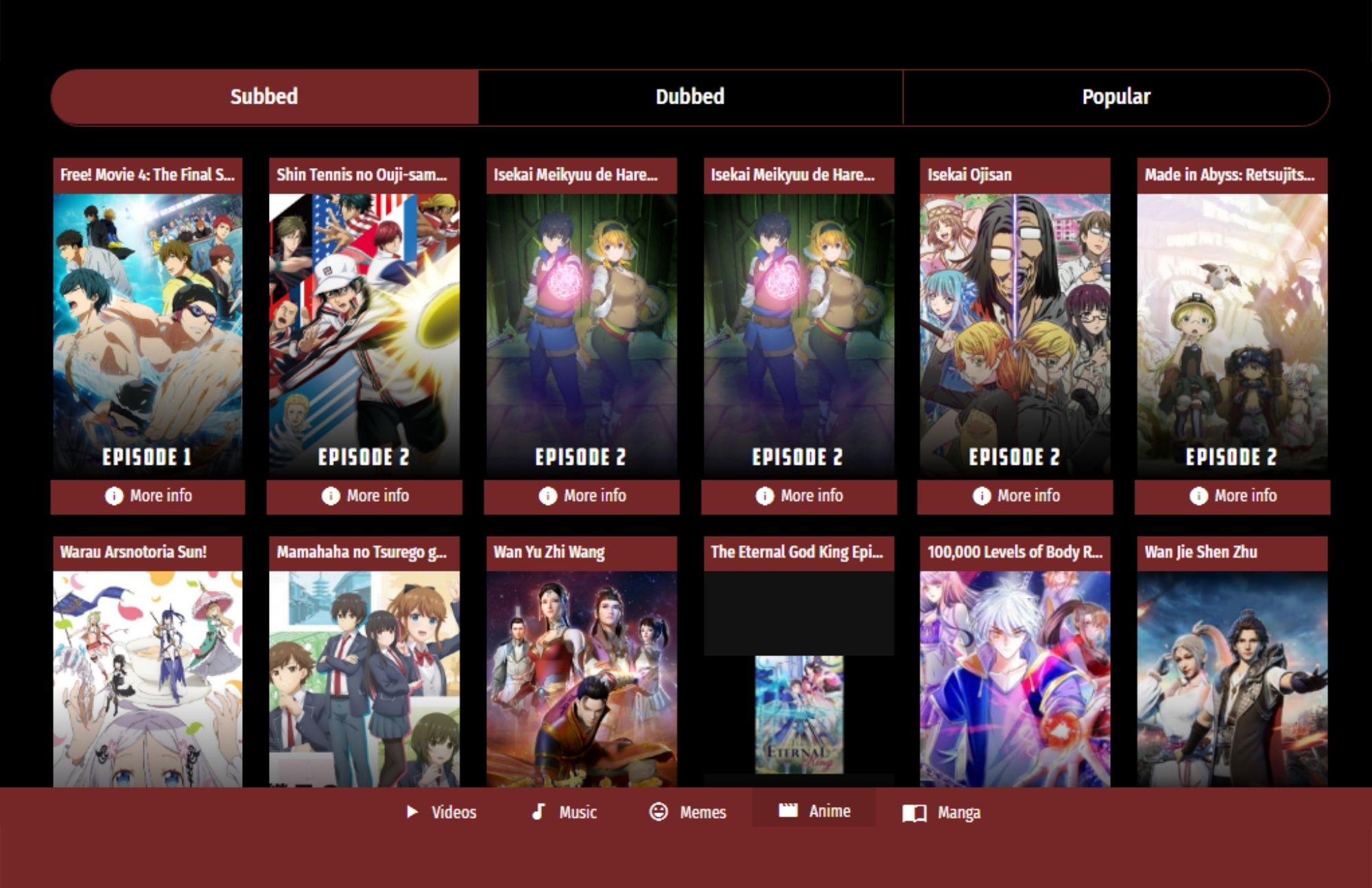 SimplyAWeeb Anime Category screenshot with three groups of anime listed above such as Subbed, Dubbed, and Popular