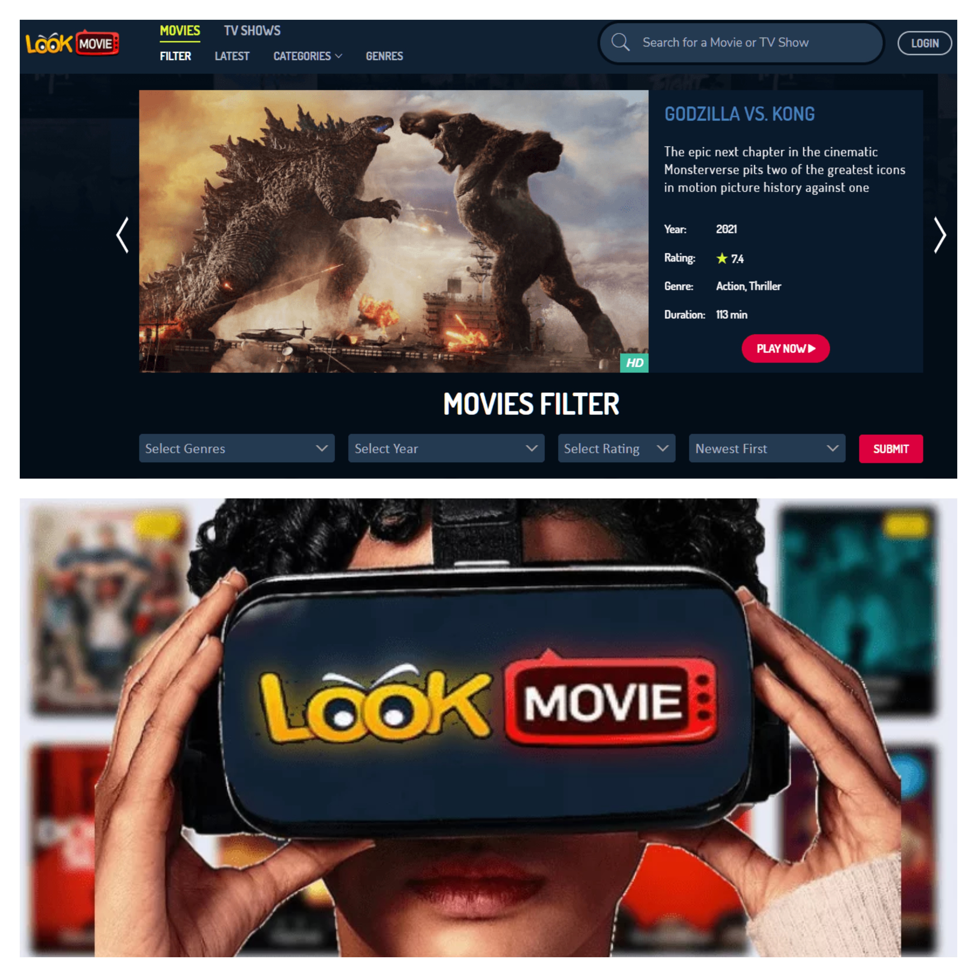 Screenshot of Lookmovie website; A girl holding a VR on which Lookmovie is written