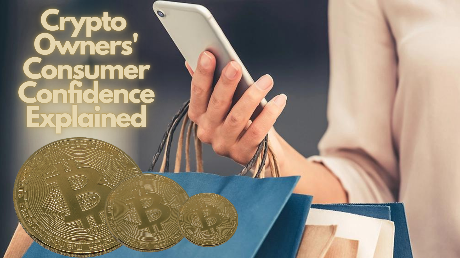A woman holding shopping bags and a phone with gold bitcoins at the bottom left