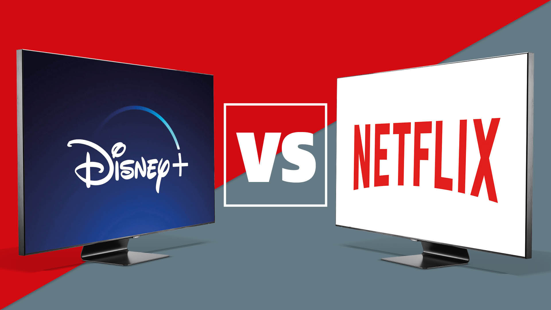 Two TV monitor with disney logo on the left and netflix logo on the right