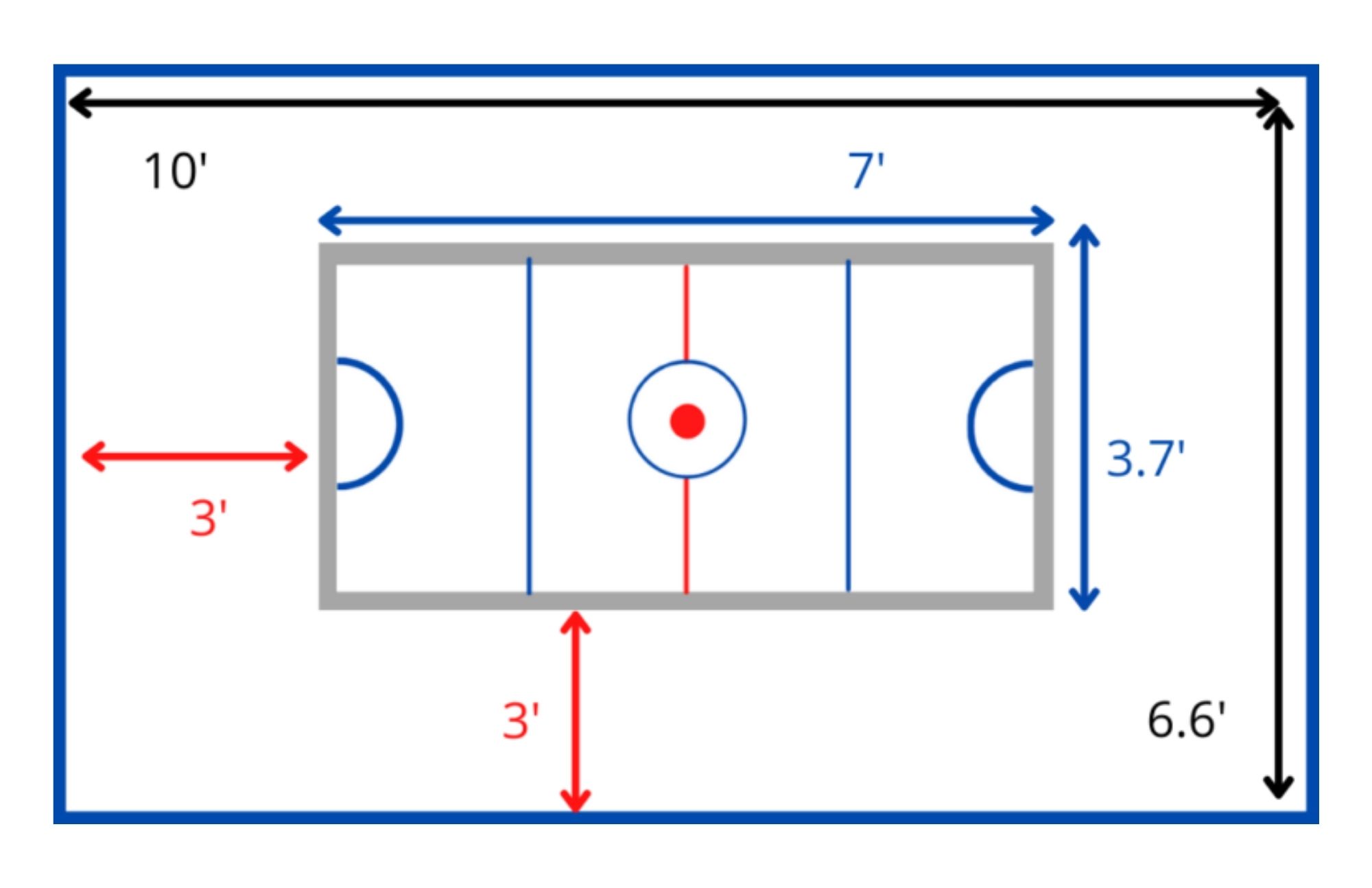 Burds eye view of air hockey table surface with some arrows with corresponding measurements