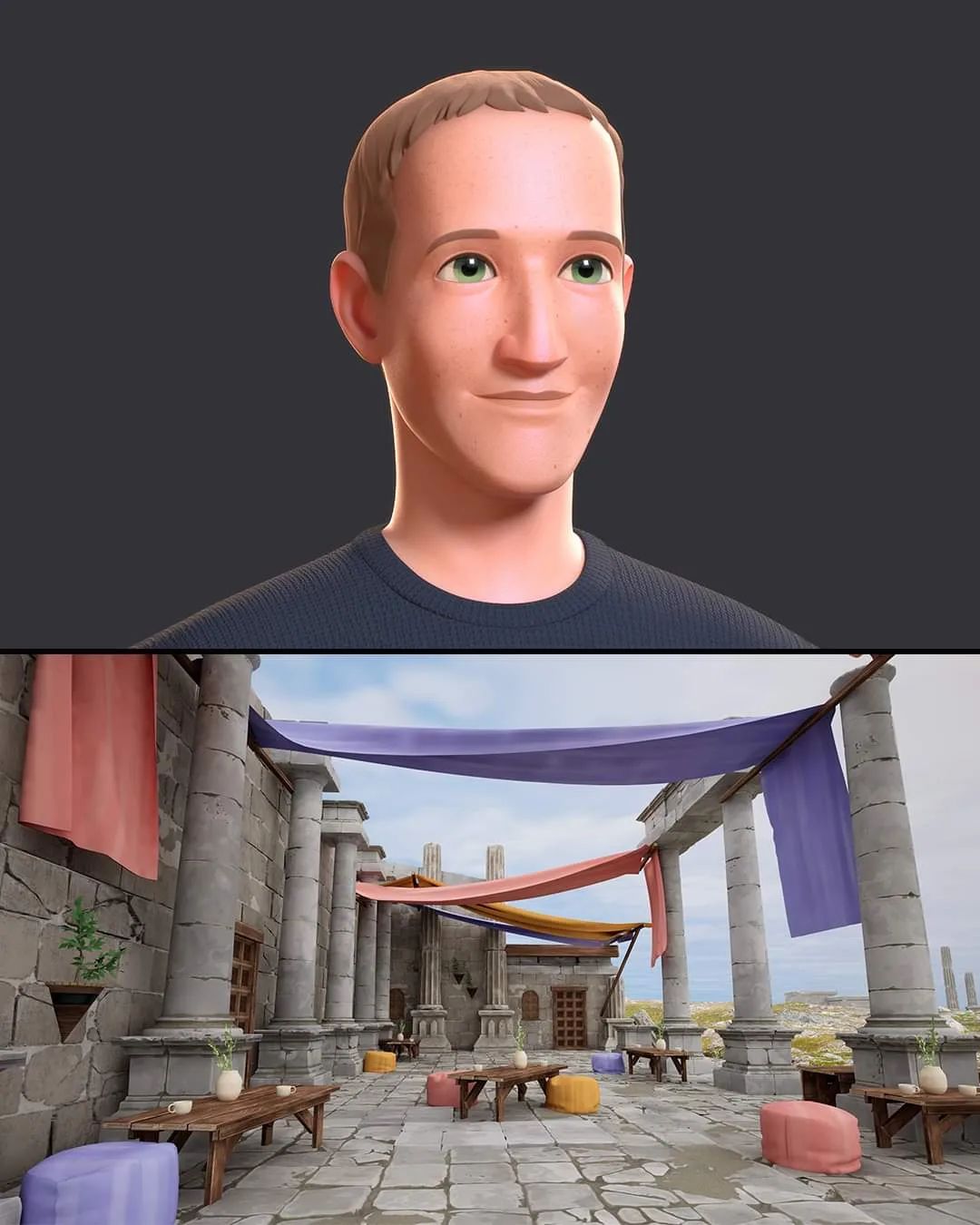 Avatar of Mark Zuckerberg wearing black ribbed T-shirt, with sample backdrop at Horizon Worlds