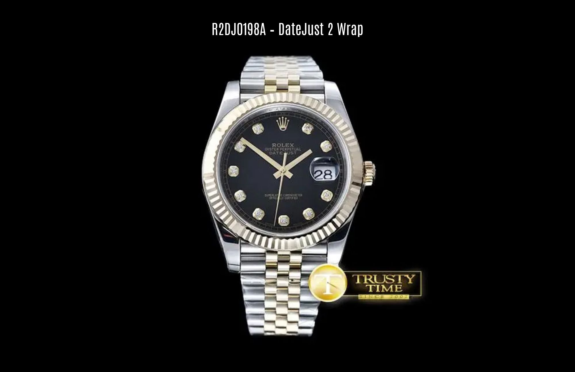 R2DJ0198A – DateJust 2 Wrap features its 18K yellow gold wrapped on solid stainless steel and black crystal