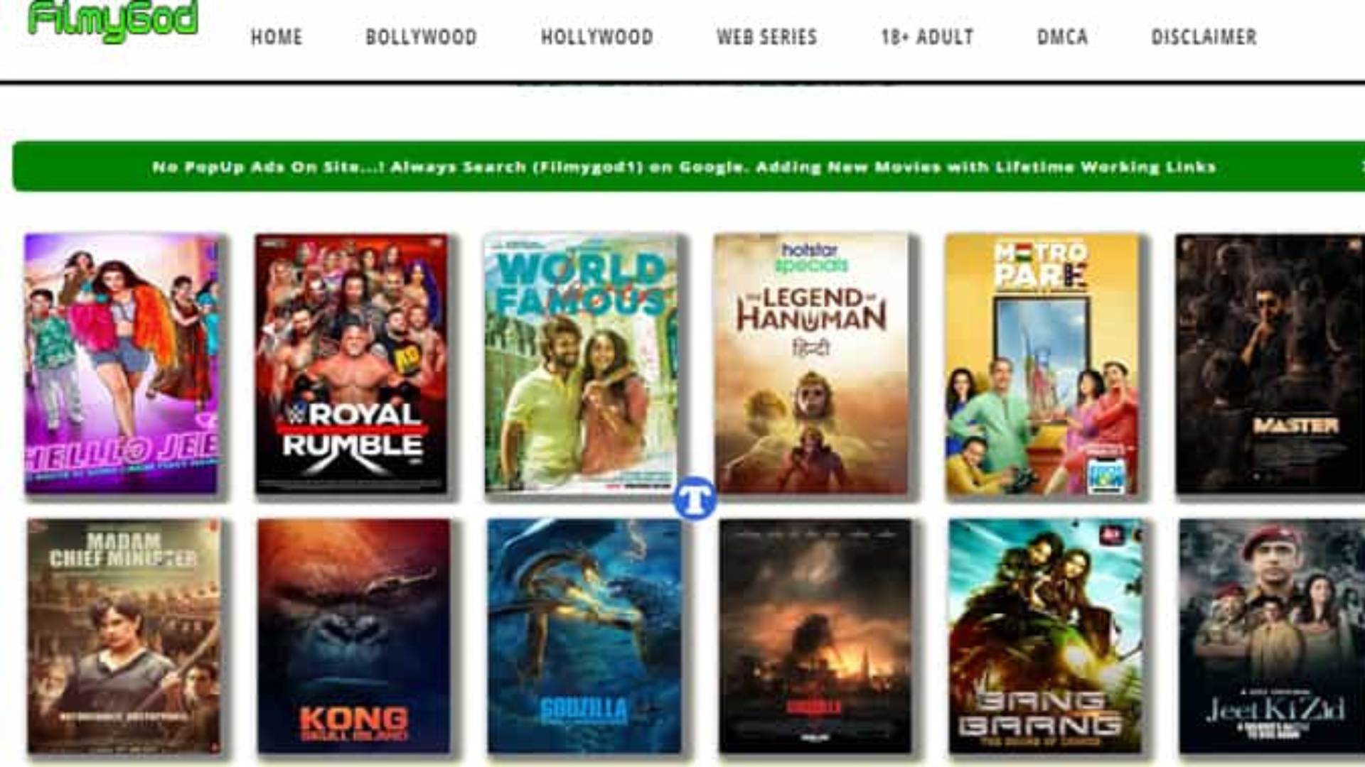 Filmygod webpage with various movie covers