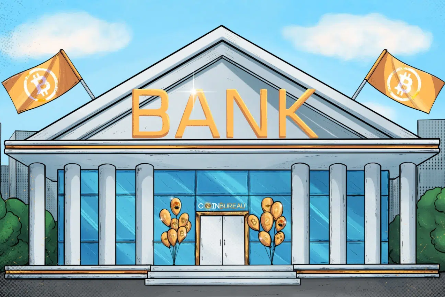 A crypto bank with two golden flags bearing the bitcoin logo and balloons bearing different currency logos