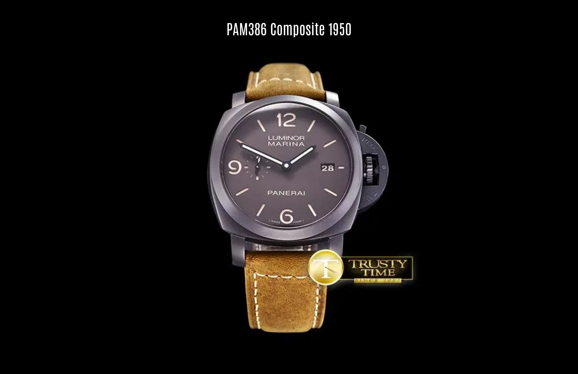 The PAM386 Composite 1950 is distinguished by its brown assolutemente leather and dome Sapphire Crystal in the front glass