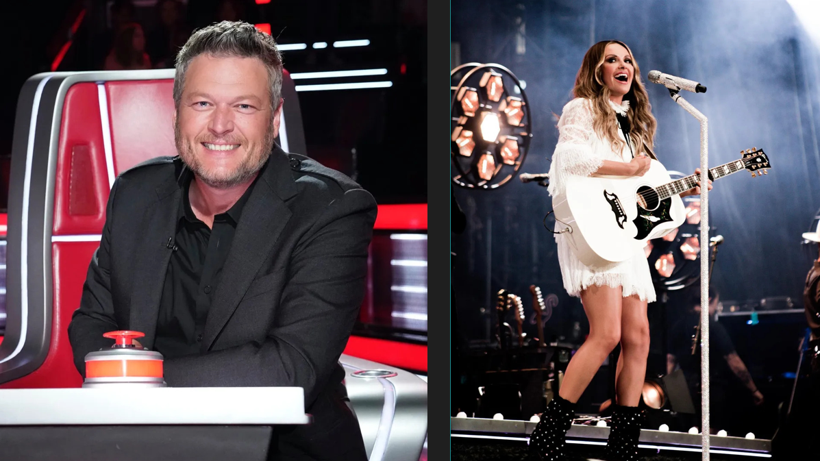 Blake Shelton seated at ‘The Voice’ coach chair and Carly Pearce singing and playing a white guitar on stage
