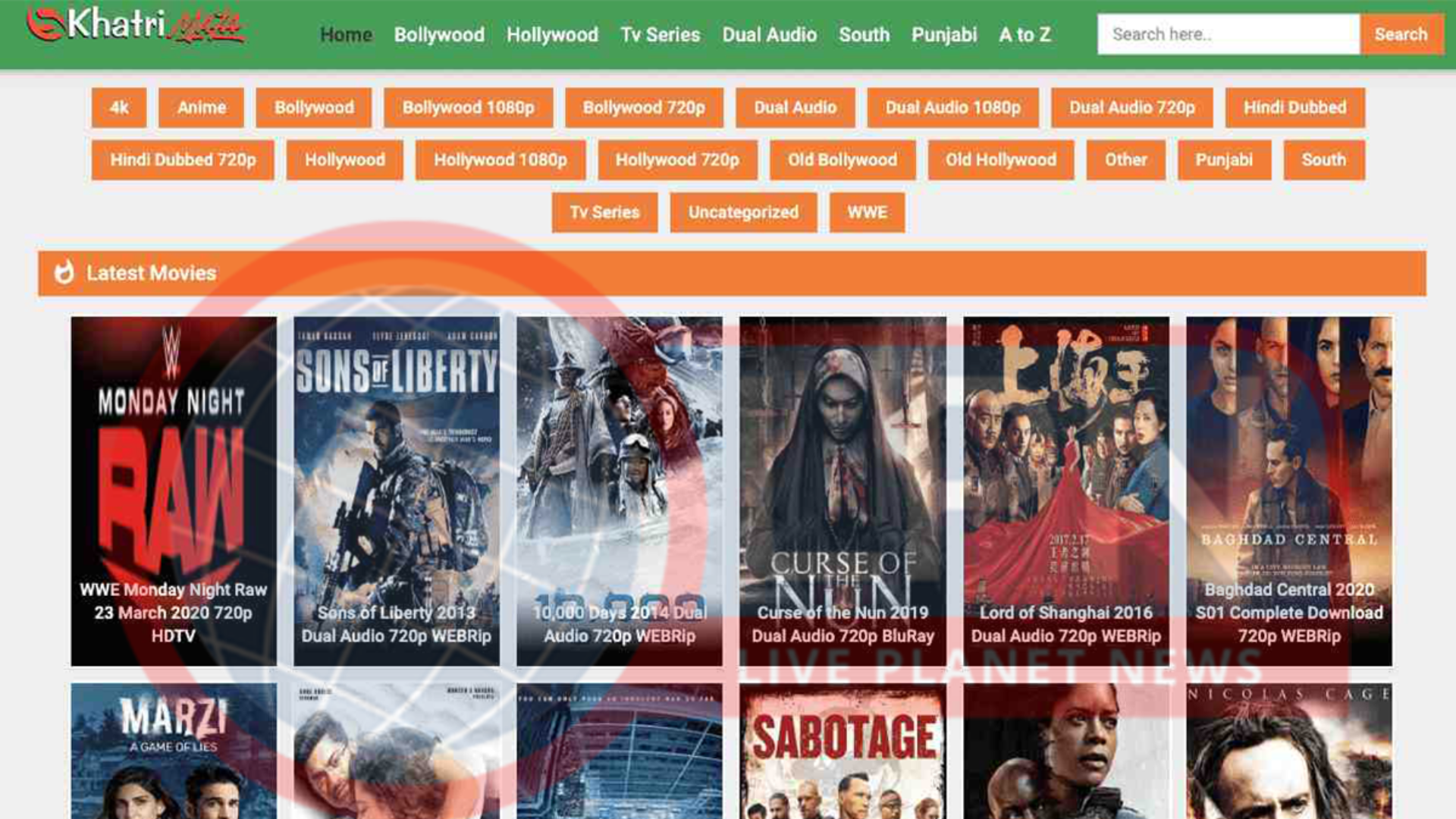 Khatrimaza webpage showing different movie covers with search button on the upper right corner