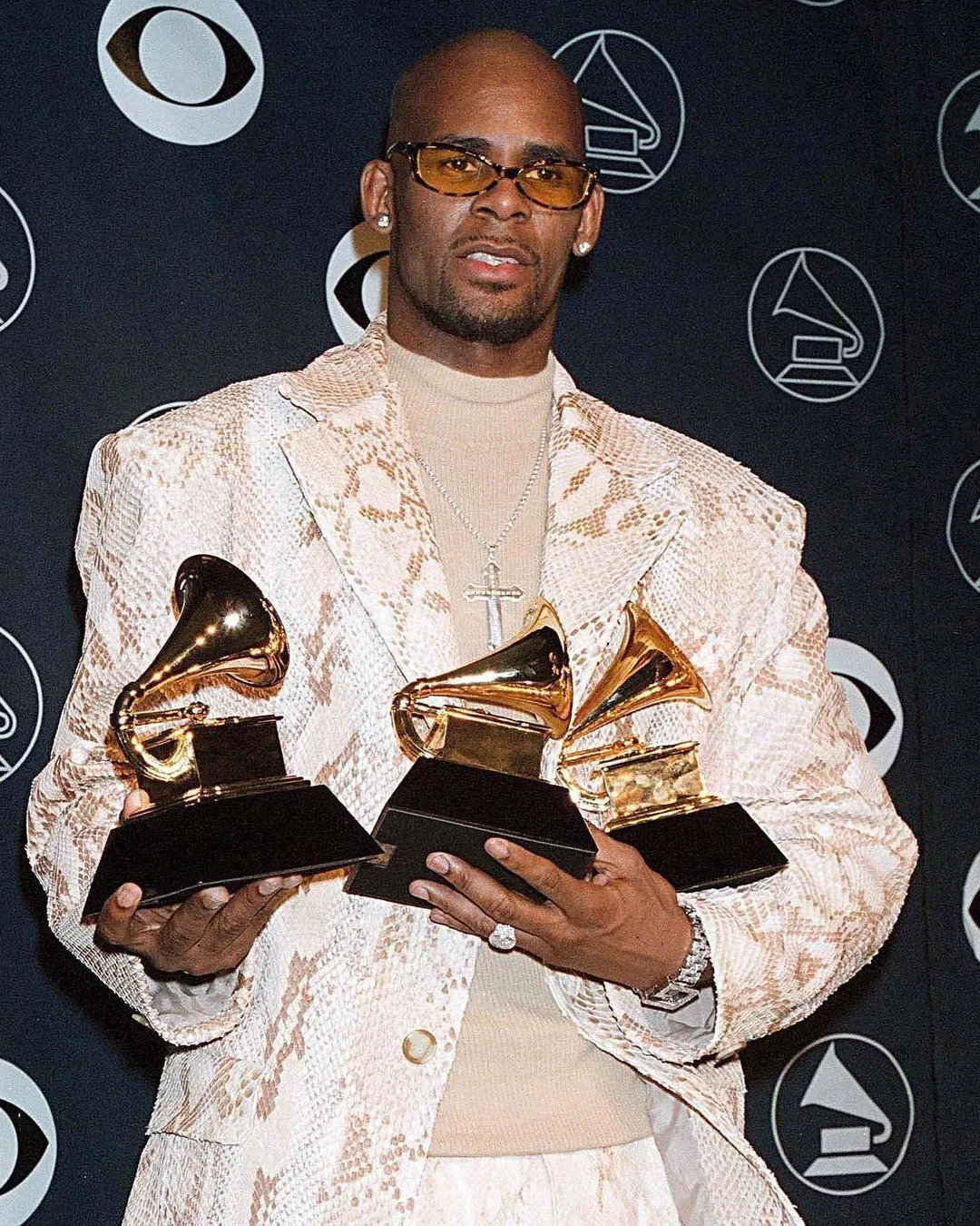 R. Kelly poses for the press holding his three Grammy awards at the Radio City Music Hall, New York