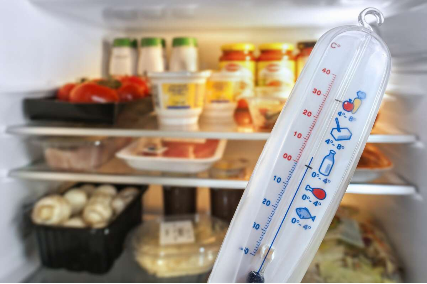 A refrigerator with various types of foods and temperature gauge