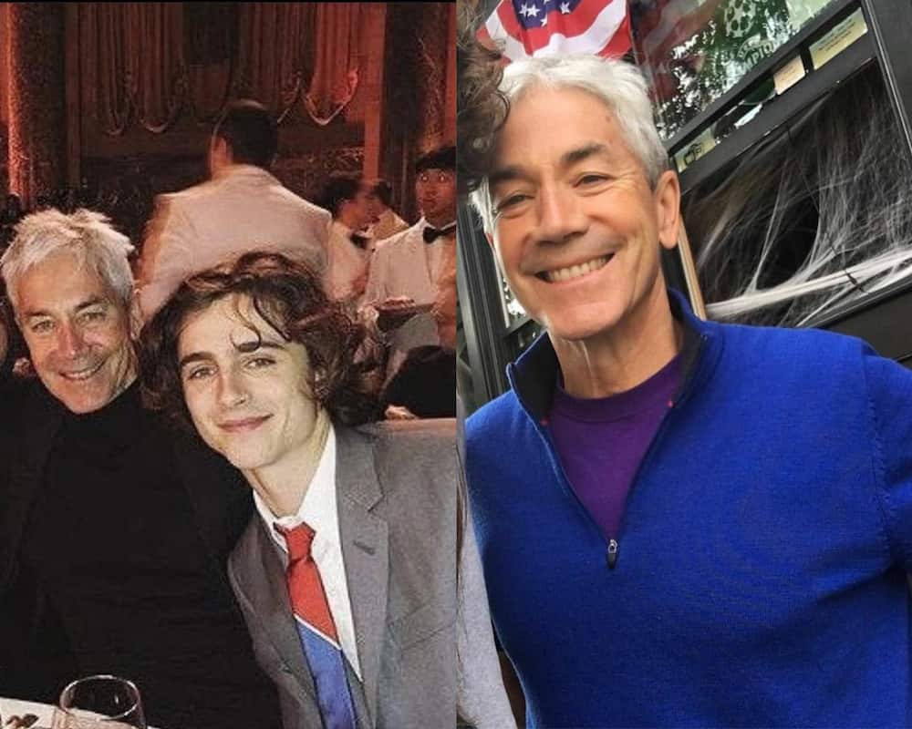 On the left photo, Marc and Timothee Chalamet smiling and on the right, Marc Chalamet wearing a blue jacket and smiling