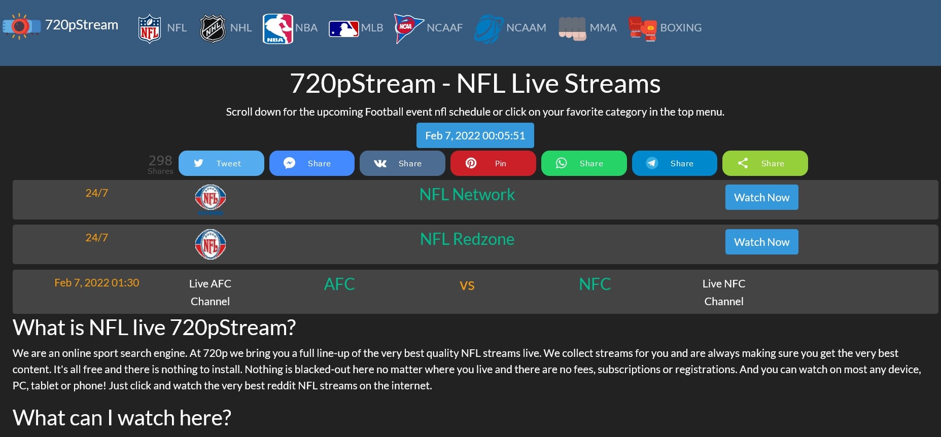 720pStream website showing NFL live streaming options